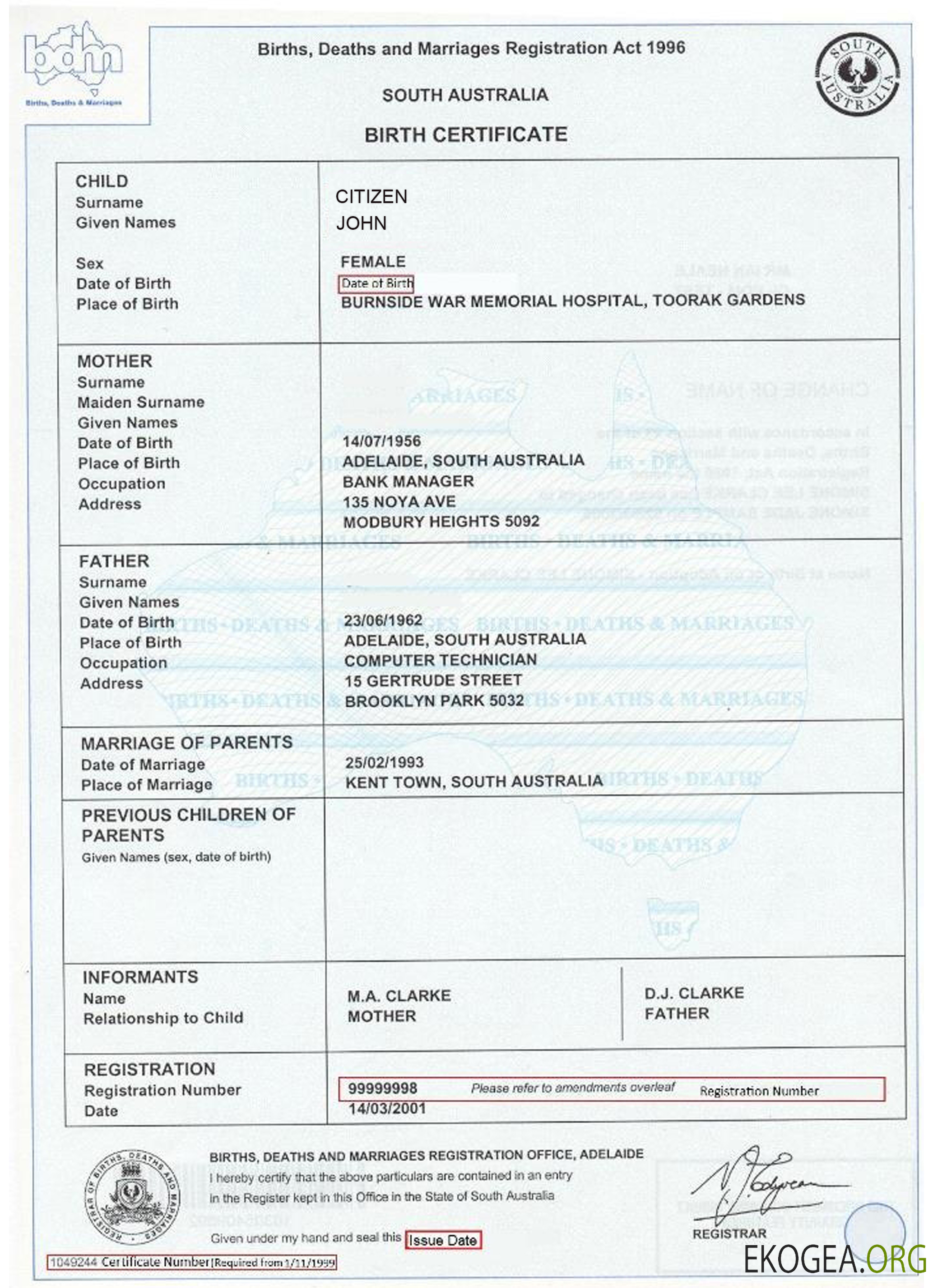 Australie Acte de naissance d'Australie du Sud